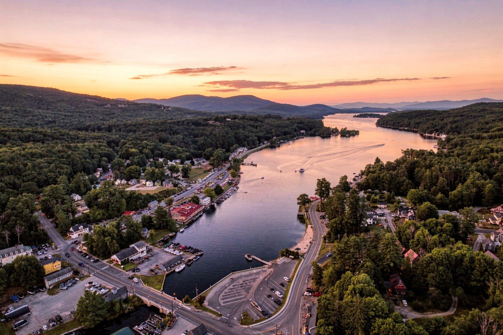 Aerial view of Alton Bay at sunset