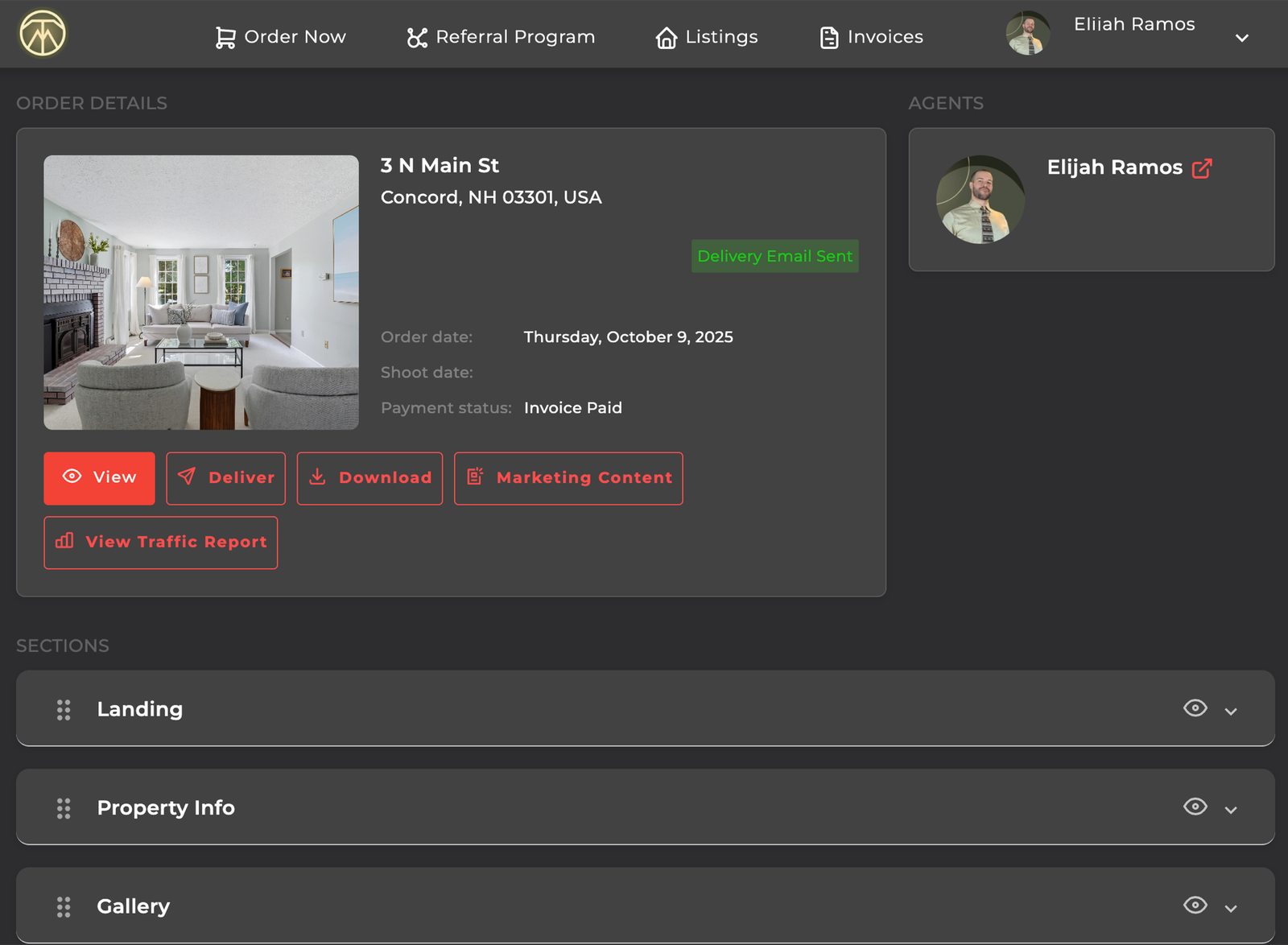 Listing dashboard showing order details, delivery status, and page sections