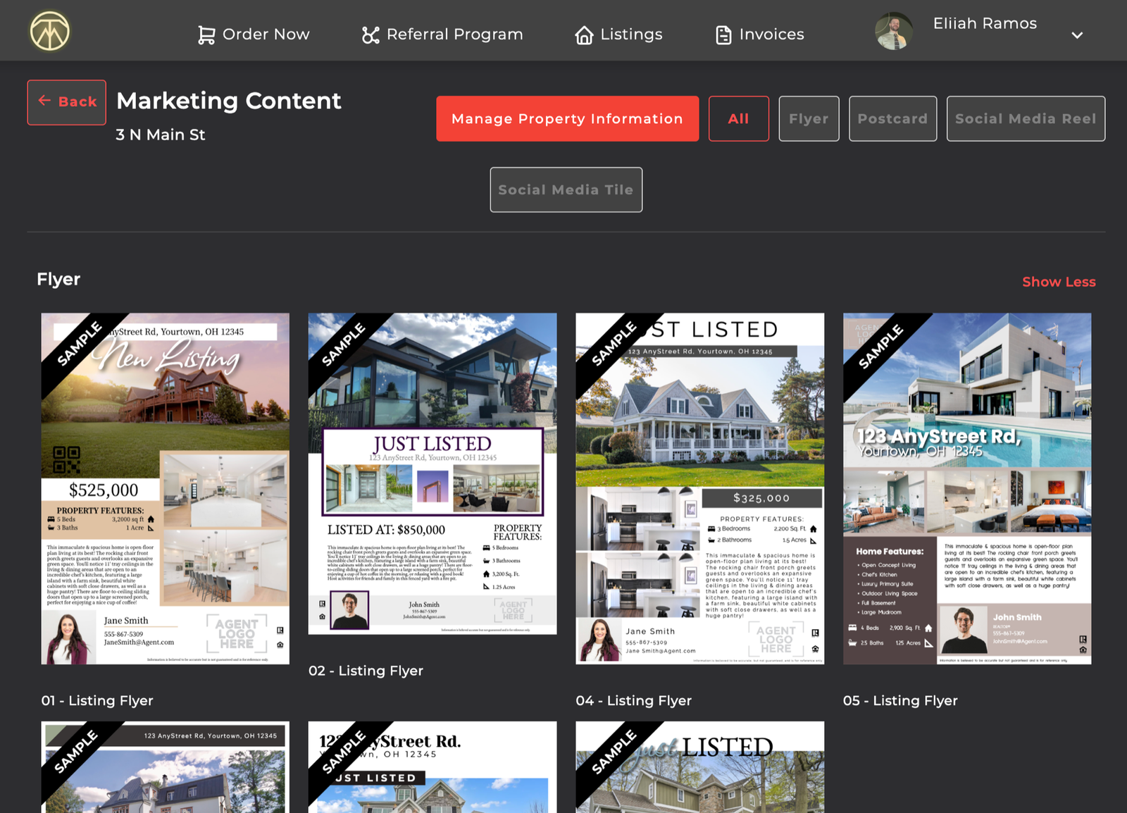 Marketing content library showing flyer, postcard, and social template sets