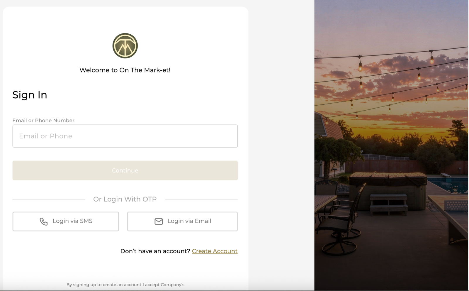 Client portal sign in screen with email, SMS, and account creation options
