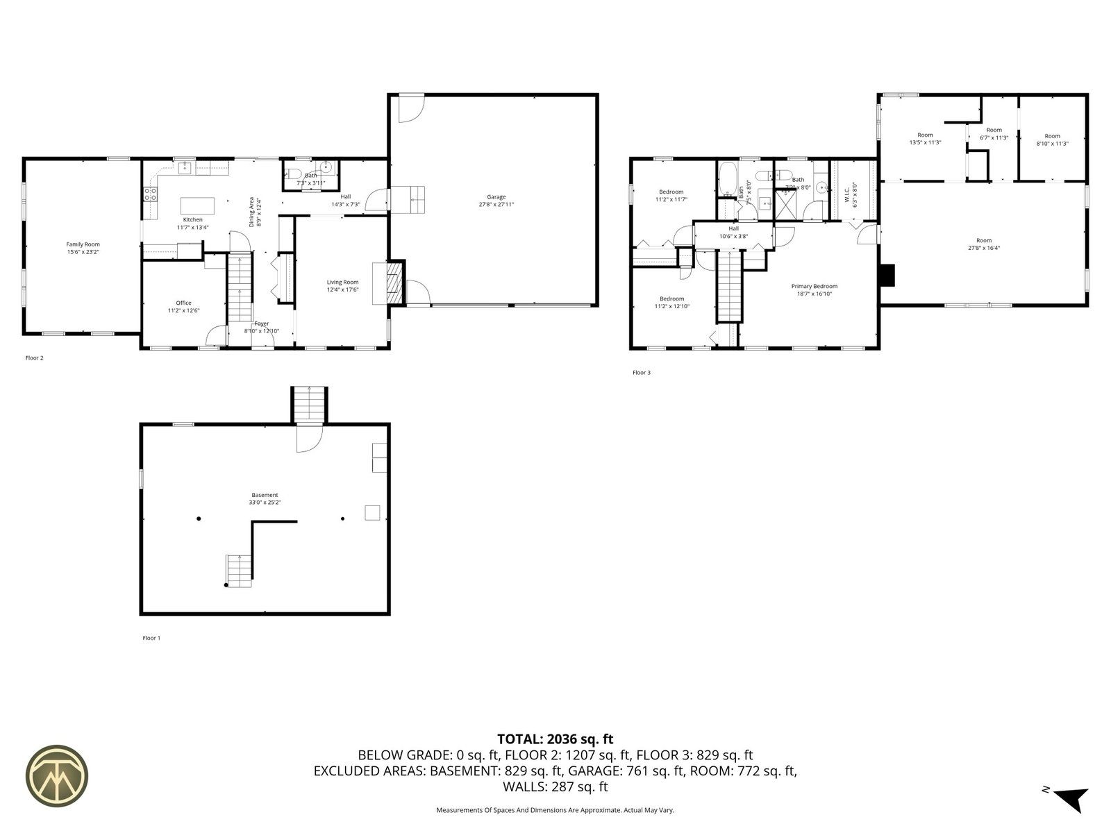 Measured floor plan for all floors with room dimensions and total square footage