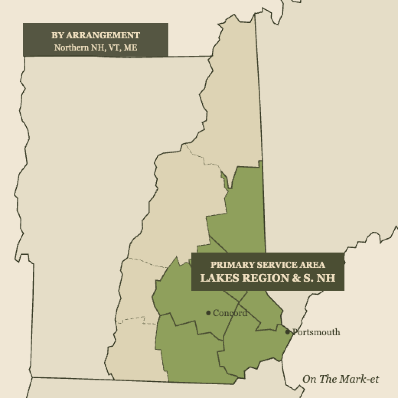 Coverage map highlighting the Lakes Region and southern New Hampshire as the primary service area, with northern NH, Vermont, and Maine serviced by arrangement