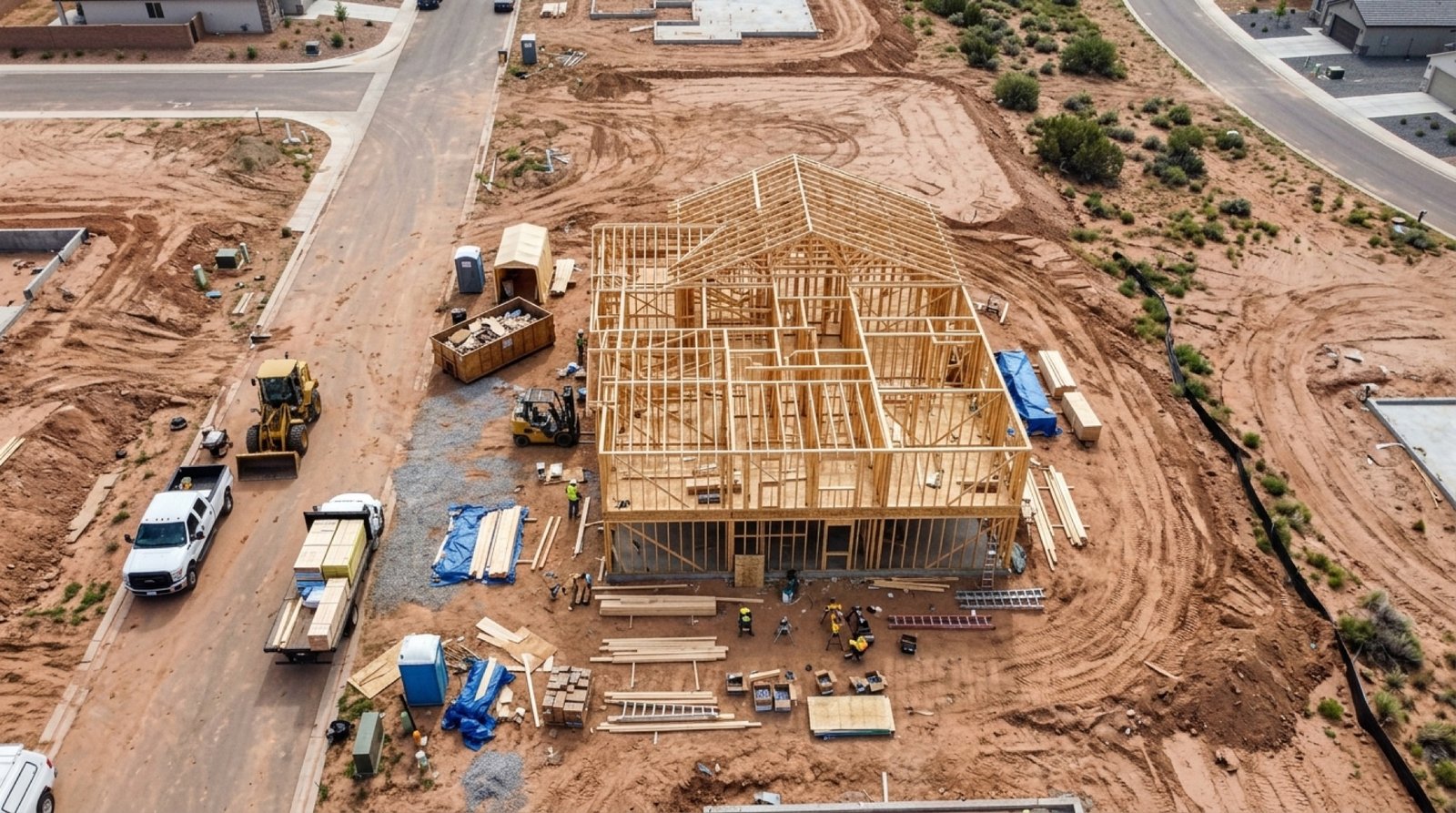 Aerial view of a new home under construction at the framing stage
