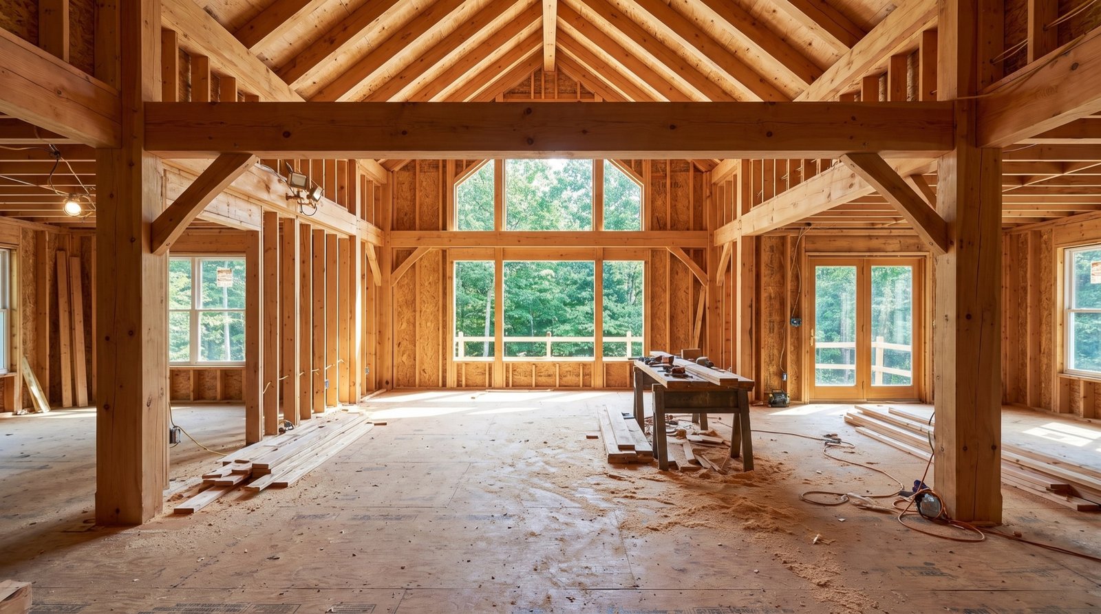 Framed great room with exposed timber trusses