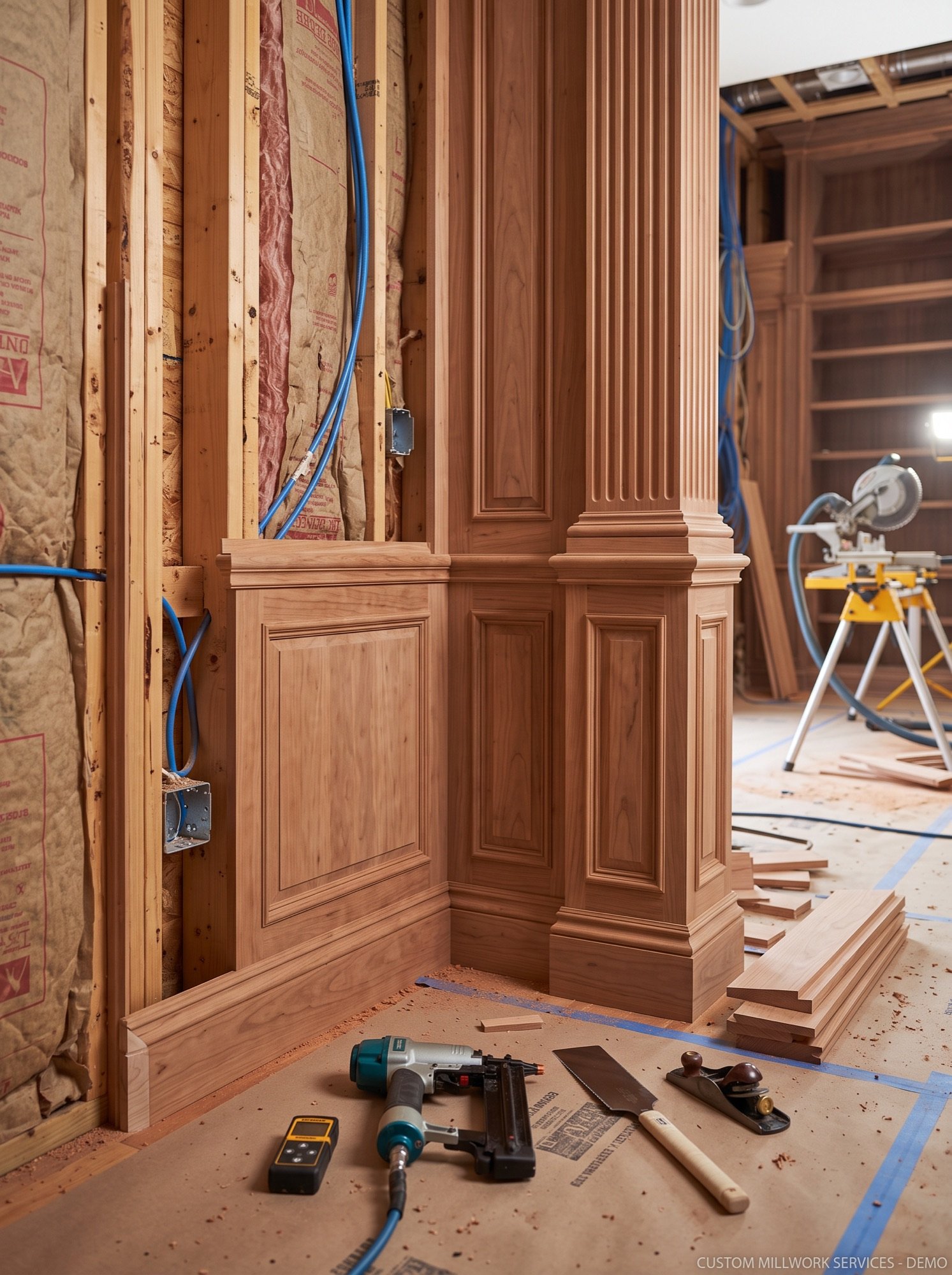 Custom millwork paneling and fluted column in progress