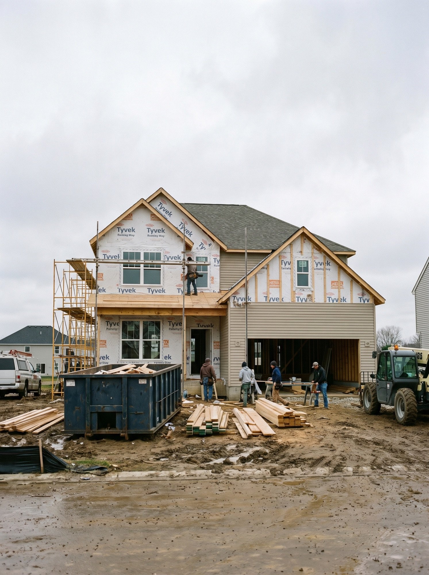 Spec home exterior under construction with crew on site
