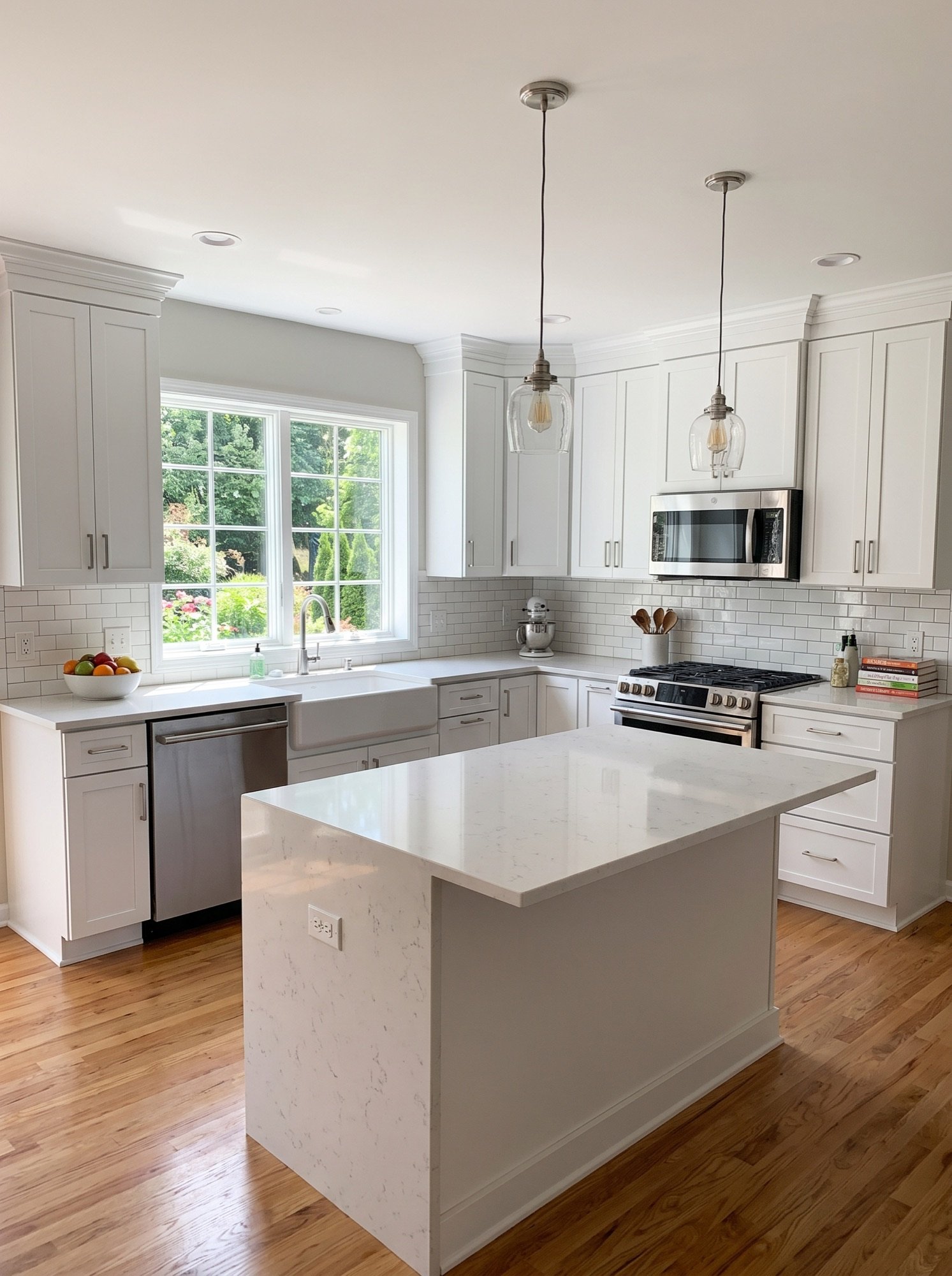 Renovated white kitchen with quartz island