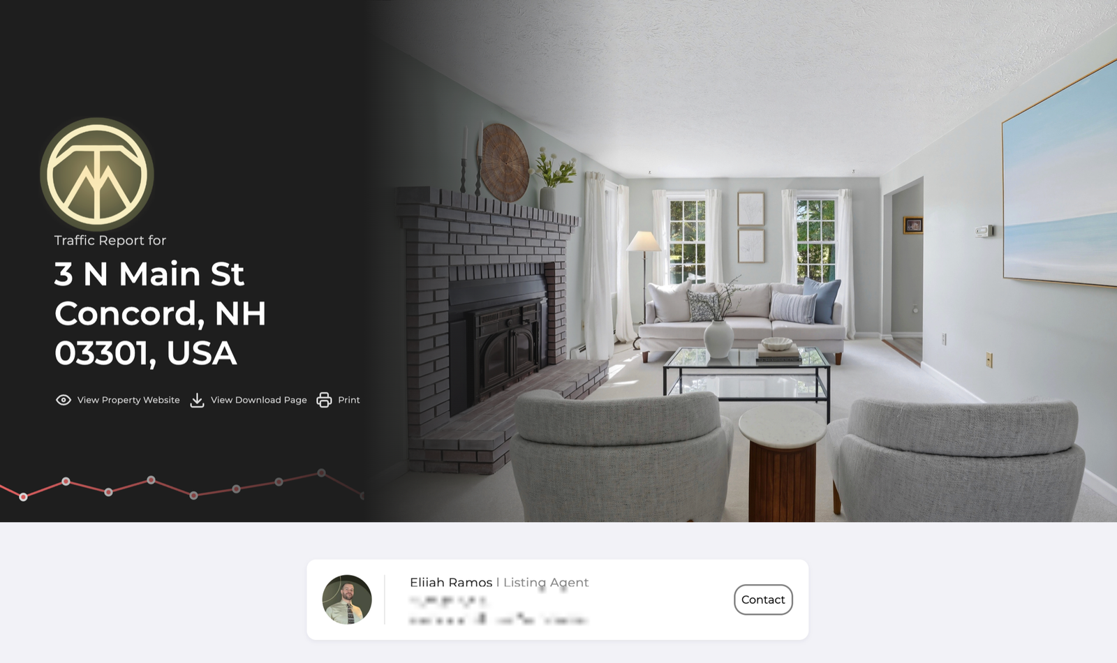 Seller traffic report header for 3 N Main St, Concord NH with listing agent contact card